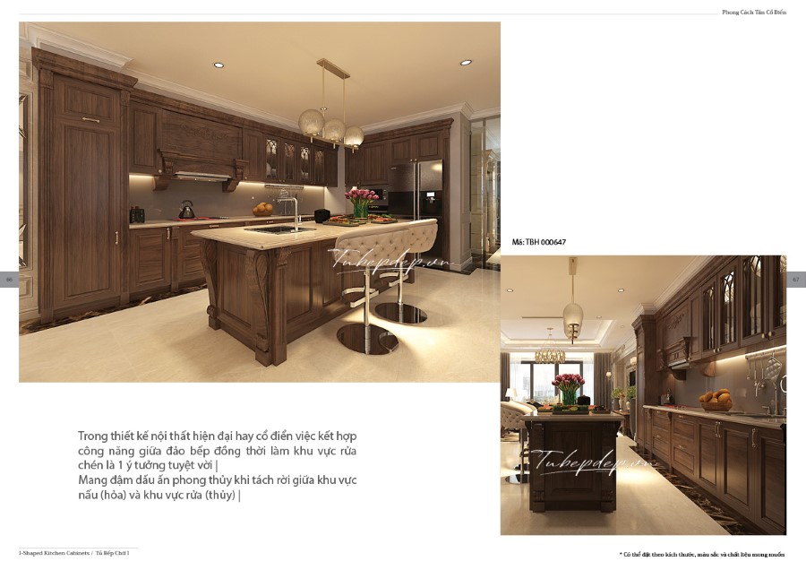 Thiết kế phòng bếp biệt thự tân cổ điển gỗ óc chó